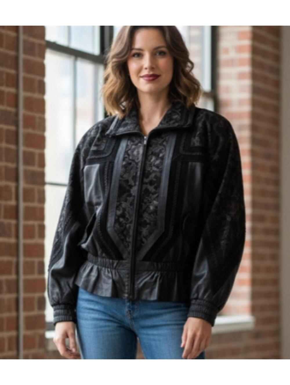 ADA 100% Black Leather Mix Media Floral Vintage Oversized Jacket, Women's Medium